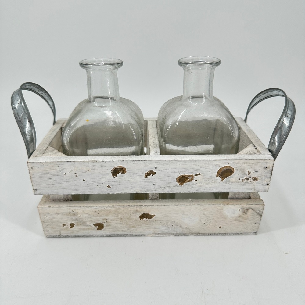Farmhouse Distressed White Wooden Crate with 2 Glass Bud Vases Metal Handles - Picture 3 of 10
